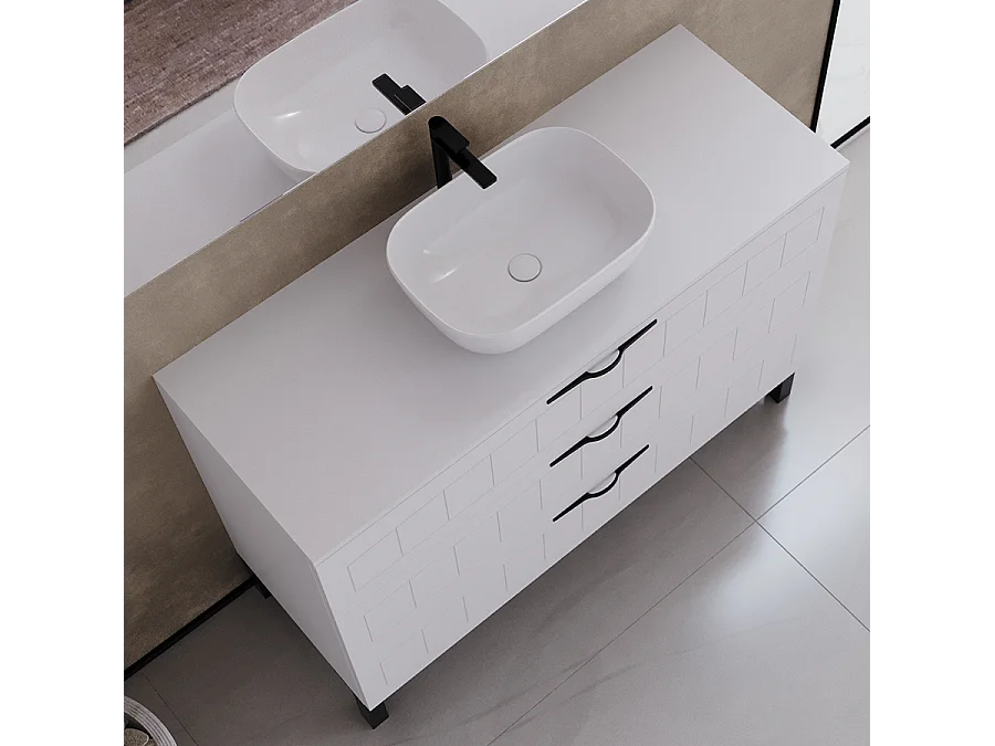 Meuble de salle de bain 120cm avec plateau et vasque à poser ovale - 3 tiroirs - blanc - CALA