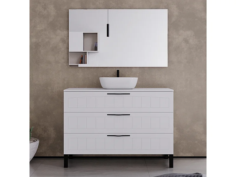Meuble de salle de bain 120cm avec plateau et vasque à poser ovale - 3 tiroirs - blanc - CALA