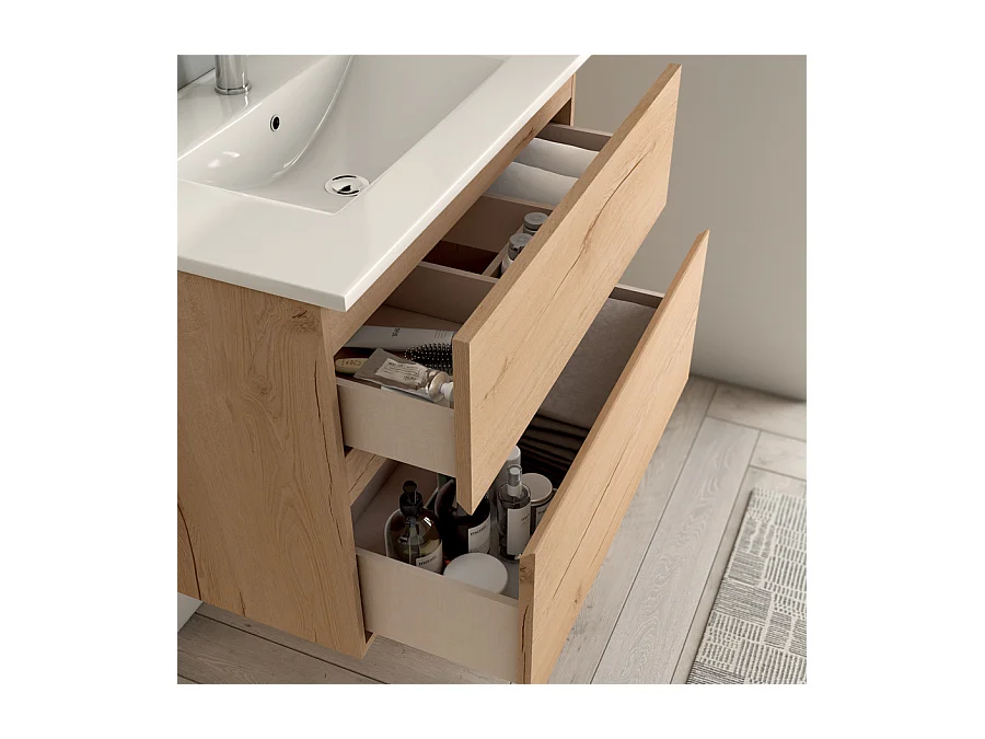 Meuble de salle de bain simple vasque - 2 tiroirs - MIG et miroir Led VELDI - roble (chêne clair) - 80cm