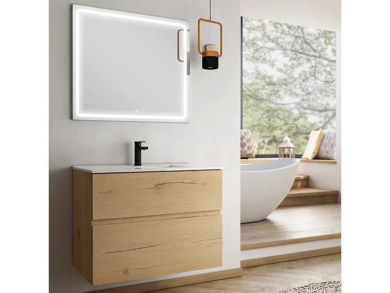 Meuble de salle de bain simple vasque - 2 tiroirs - MIG et miroir Led VELDI - roble (chêne clair) - 80cm