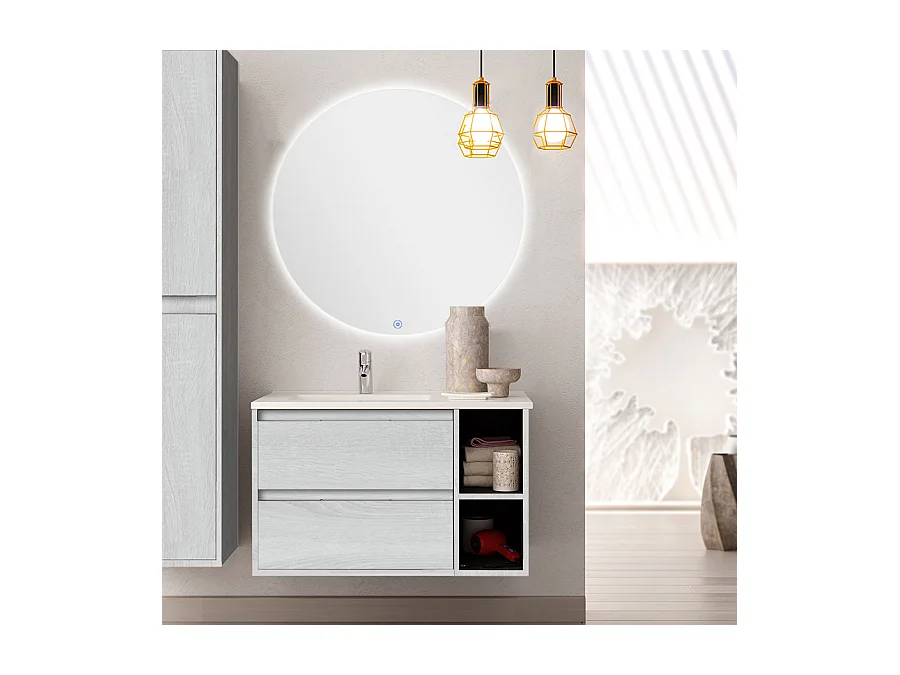 Meuble de salle de bain vasque déportée - 2 tiroirs - OLYMPE et miroir rond Led SOLEN - hibernian (bois blanchi) - 80cm
