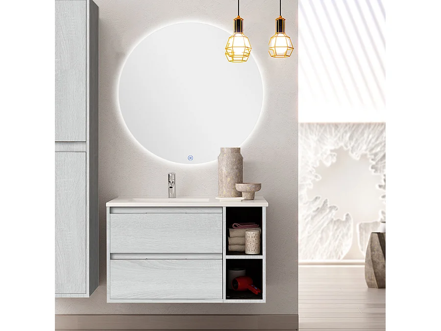 Meuble de salle de bain vasque déportée - 2 tiroirs - OLYMPE et miroir rond Led SOLEN - hibernian (bois blanchi) - 80cm