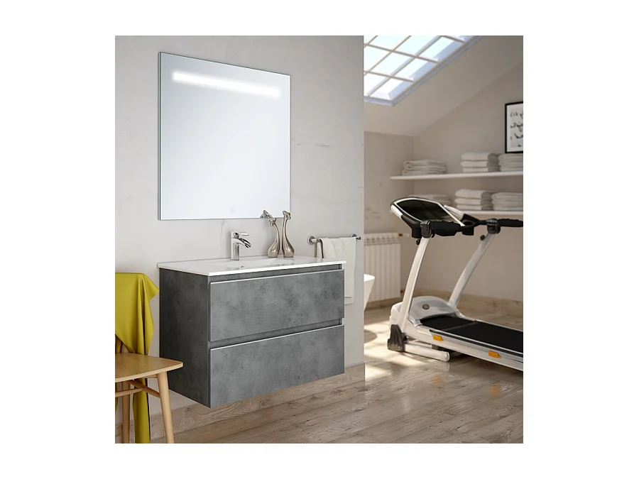 Meuble de salle de bain simple vasque - 2 tiroirs - BALEA et miroir Led STAM - ciment (gris) - 100cm