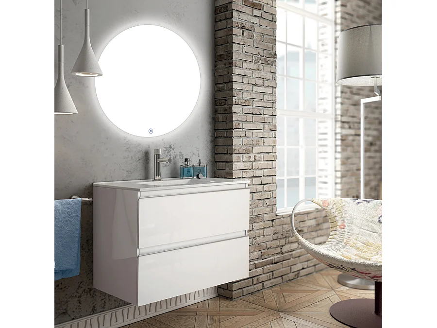 Meuble de salle de bain simple vasque - 2 tiroirs - BALEA et miroir rond Led SOLEN - blanc - 80cm