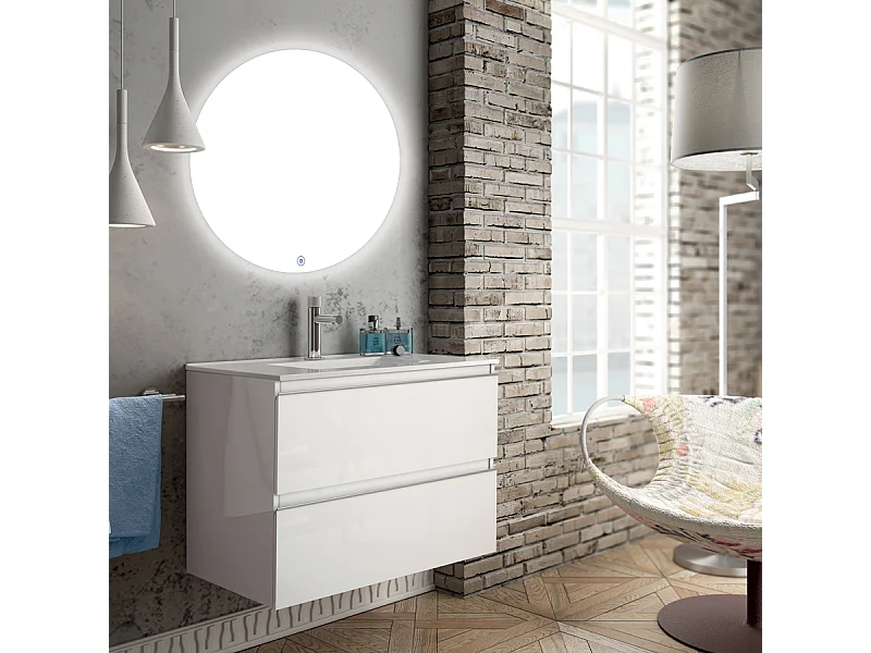 Meuble de salle de bain simple vasque - 2 tiroirs - BALEA et miroir rond Led SOLEN - blanc - 80cm