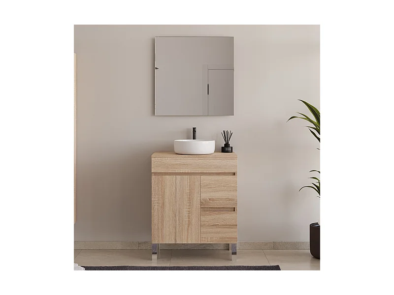 Meuble de salle de bain 70cm sur pieds avec plateau et une cuve à poser ronde - portes et tiroirs - cambrian (chêne clair) - HARO
