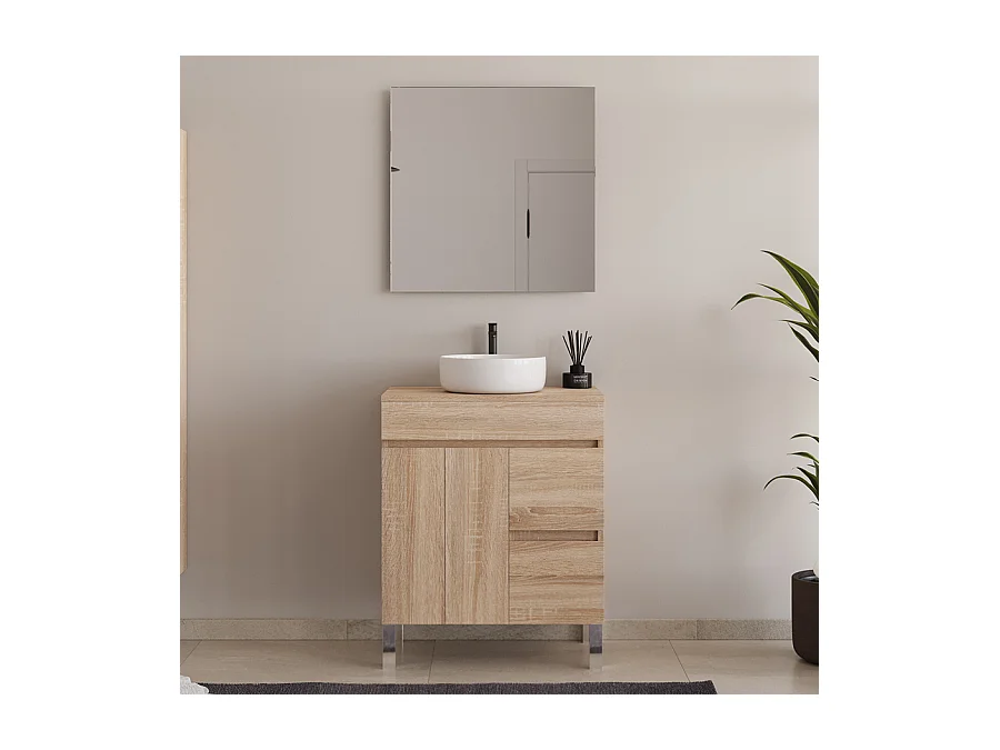 Meuble de salle de bain 70cm sur pieds avec plateau et une cuve à poser ronde - portes et tiroirs - cambrian (chêne clair) - HARO