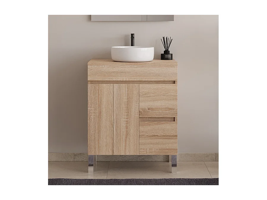 Meuble de salle de bain 70cm sur pieds avec plateau et une cuve à poser ronde - portes et tiroirs - cambrian (chêne clair) - HARO