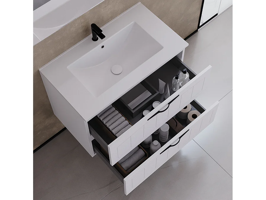 Meuble de salle de bain 80cm simple vasque - 2 tiroirs - blanc - PIA