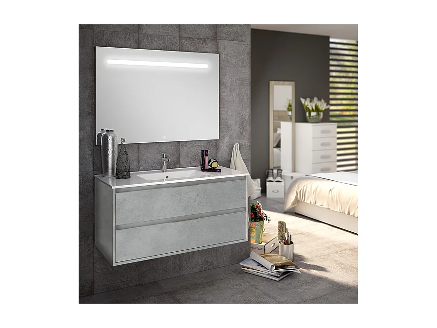Meuble de salle de bain simple vasque - 2 tiroirs - IRIS et miroir Led STAM - ciment (gris) - 100cm