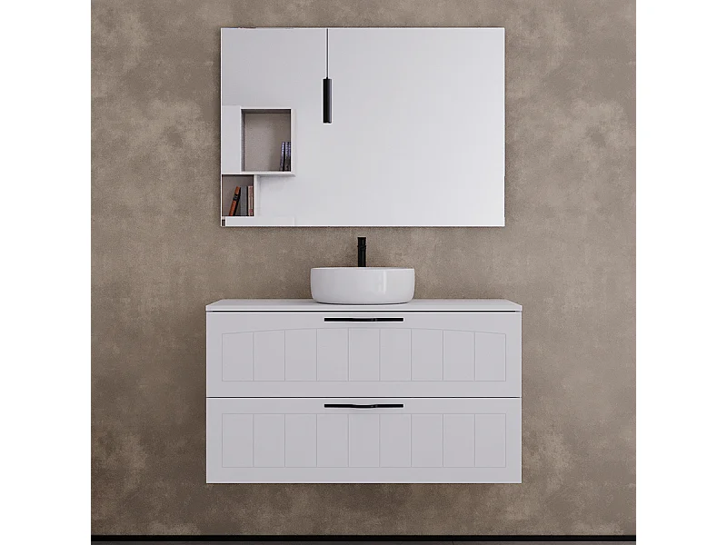 Meuble de salle de bain 100cm avec plateau et vasque à poser ronde - 2 tiroirs - blanc - PIA