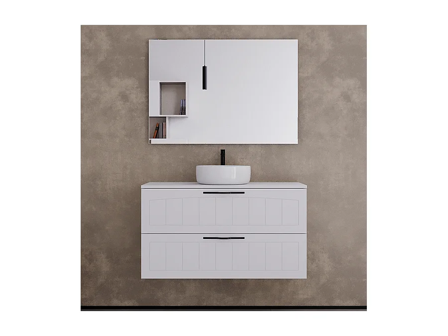 Meuble de salle de bain 100cm avec plateau et vasque à poser ronde - 2 tiroirs - blanc - PIA