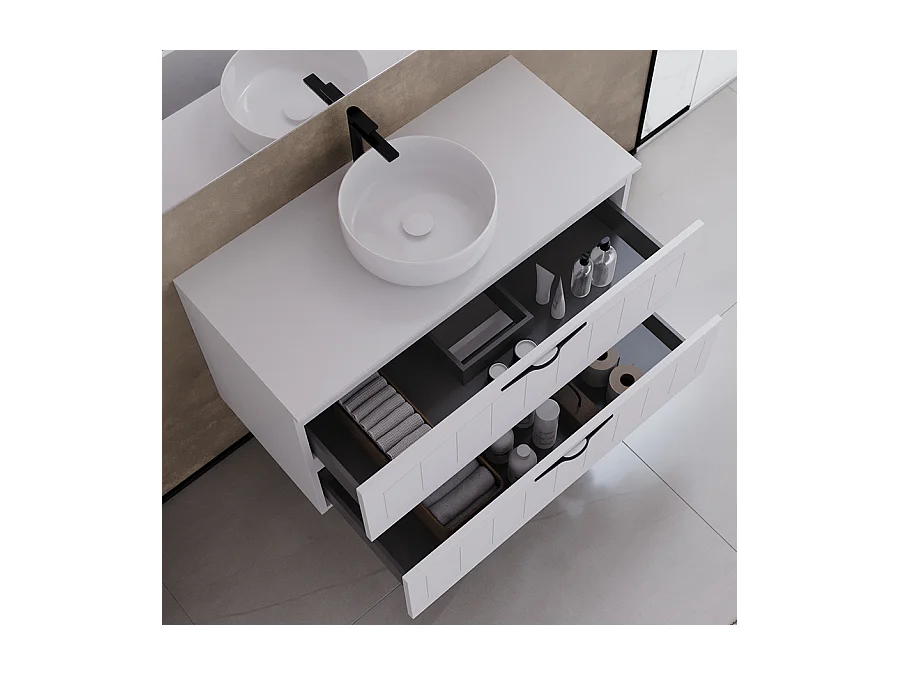 Meuble de salle de bain 100cm avec plateau et vasque à poser ronde - 2 tiroirs - blanc - PIA