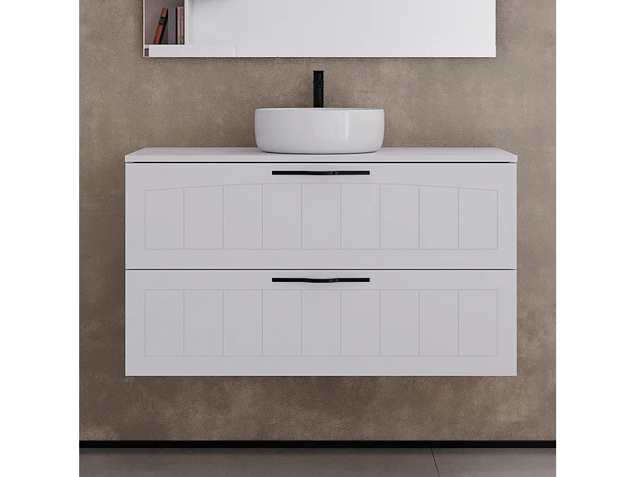 Meuble de salle de bain 100cm avec plateau et vasque à poser ronde - 2 tiroirs - blanc - PIA