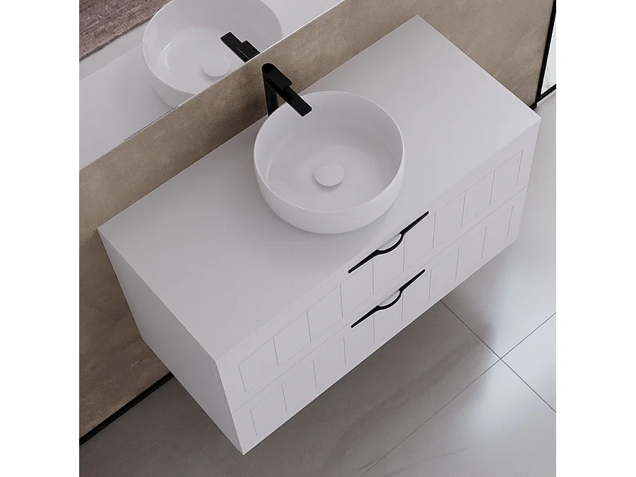 Meuble de salle de bain 100cm avec plateau et vasque à poser ronde - 2 tiroirs - blanc - PIA