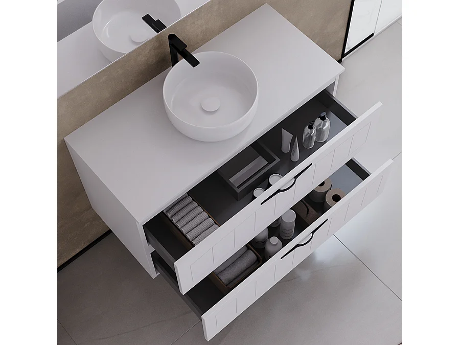 Meuble de salle de bain 100cm avec plateau et vasque à poser ronde - 2 tiroirs - blanc - PIA