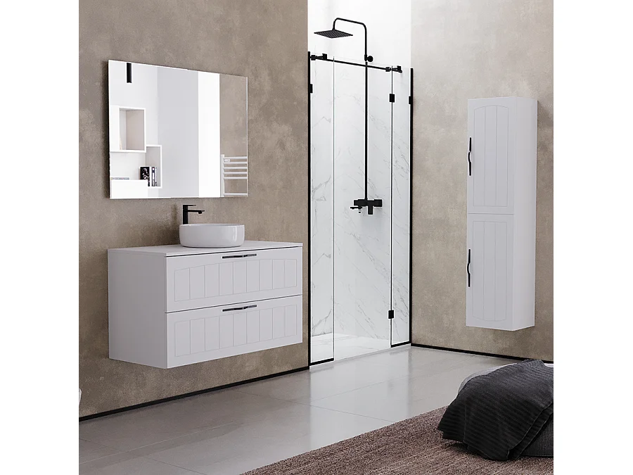 Meuble de salle de bain 100cm avec plateau et vasque à poser ronde - 2 tiroirs - blanc - PIA