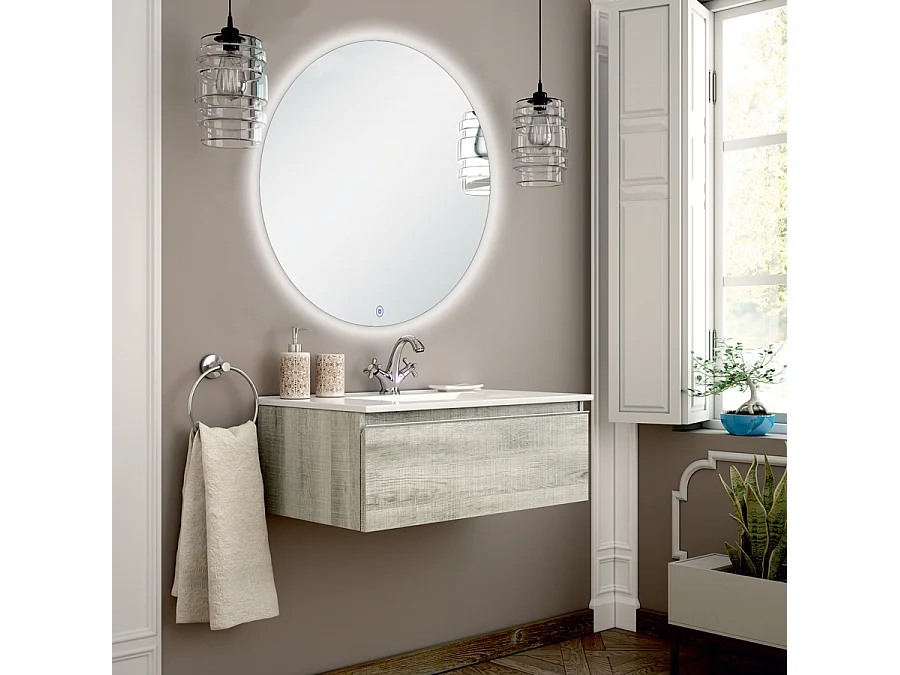 Meuble de salle de bain simple vasque - 1 tiroir - PENA et miroir rond Led SOLEN - Coral - 80cm