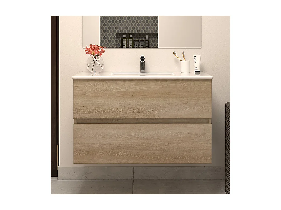 Meuble de salle de bain 80cm simple vasque - sans miroir - 2 tiroirs - nebraska (bois clair) - IDA