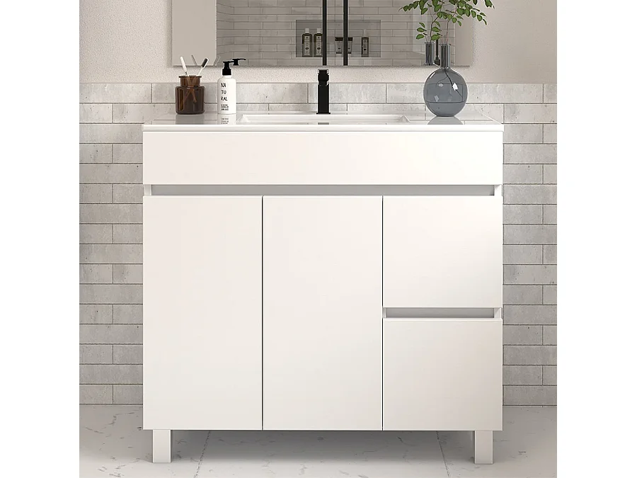 Meuble de salle de bain 70cm simple vasque sans miroir sur pieds avec portes et tiroirs - blanc - HARO
