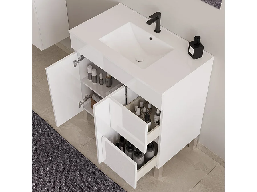 Meuble de salle de bain 70cm simple vasque sans miroir sur pieds avec portes et tiroirs - blanc - HARO