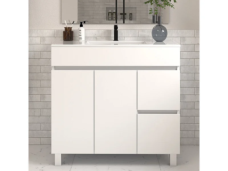 Meuble de salle de bain 70cm simple vasque sans miroir sur pieds avec portes et tiroirs - blanc - HARO