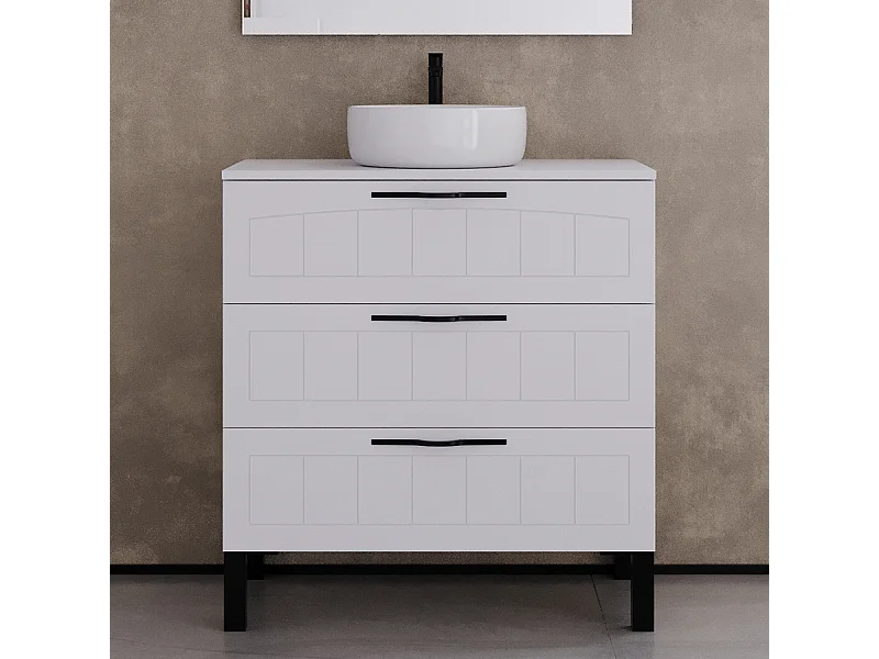 Meuble de salle de bain 80cm avec plateau et vasque à poser ronde - 3 tiroirs - sans miroir - blanc - CALA