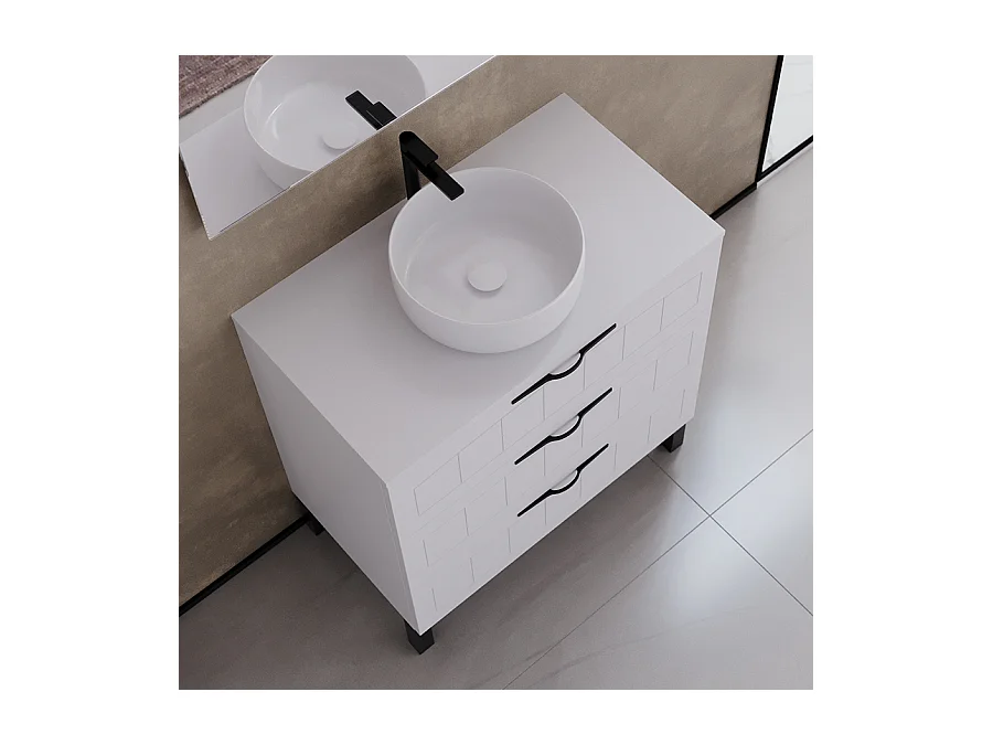 Meuble de salle de bain 80cm avec plateau et vasque à poser ronde - 3 tiroirs - sans miroir - blanc - CALA