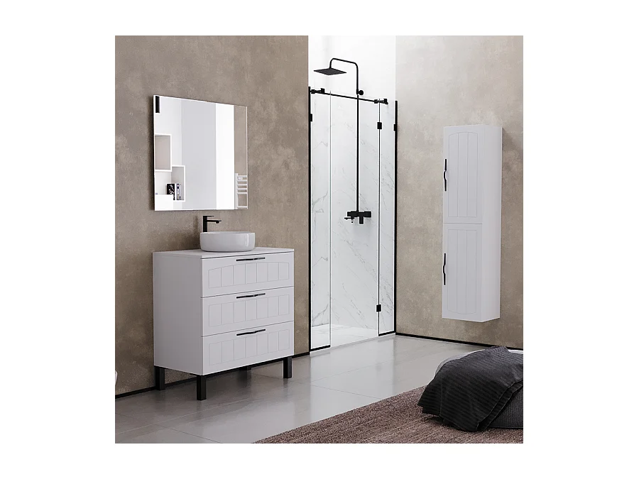 Meuble de salle de bain 80cm avec plateau et vasque à poser ronde - 3 tiroirs - sans miroir - blanc - CALA