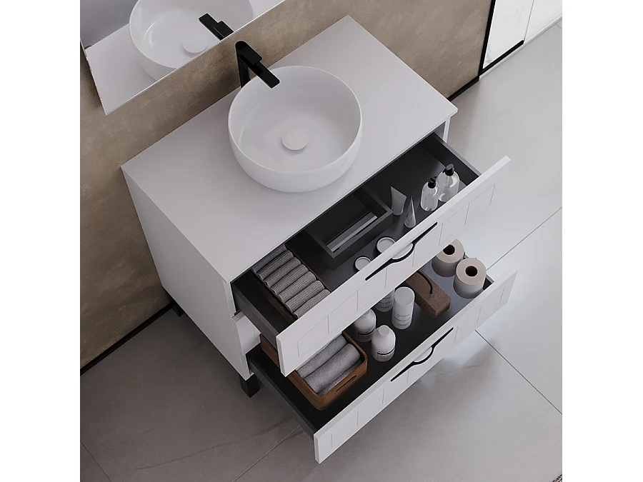 Meuble de salle de bain 80cm avec plateau et vasque à poser ronde - 3 tiroirs - sans miroir - blanc - CALA