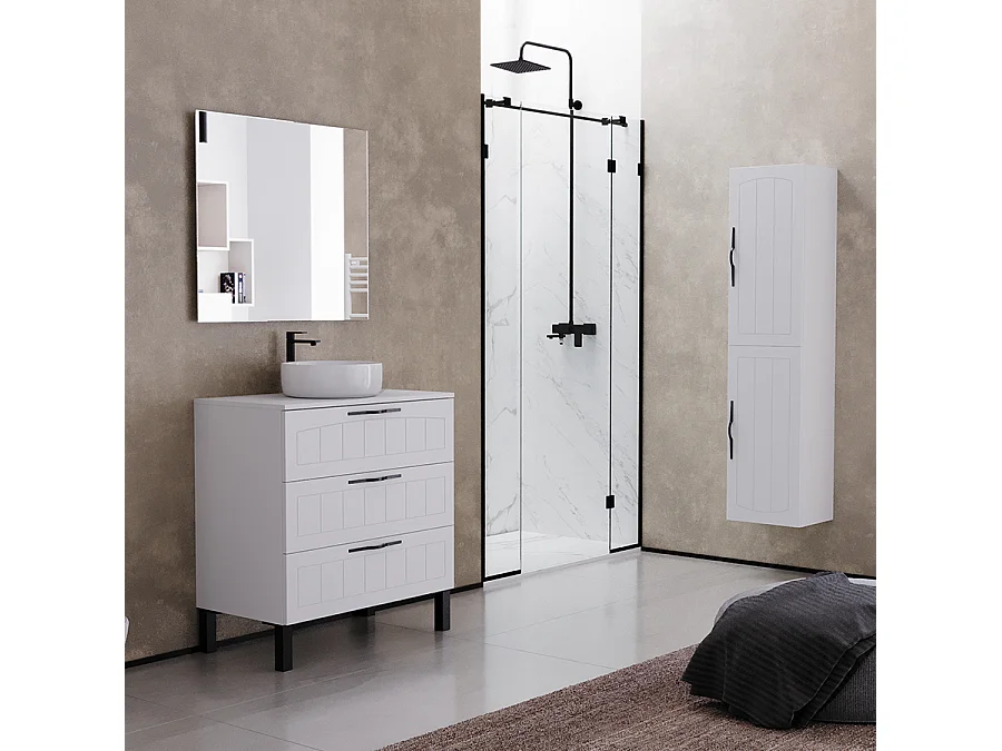 Meuble de salle de bain 80cm avec plateau et vasque à poser ronde - 3 tiroirs - sans miroir - blanc - CALA