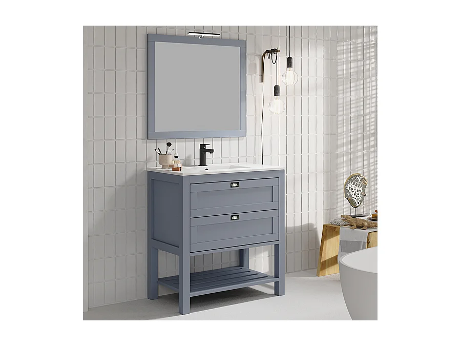 Meuble de salle de bain 80 cm simple vasque - pin massif - 2 tiroirs - PYLA - bleu