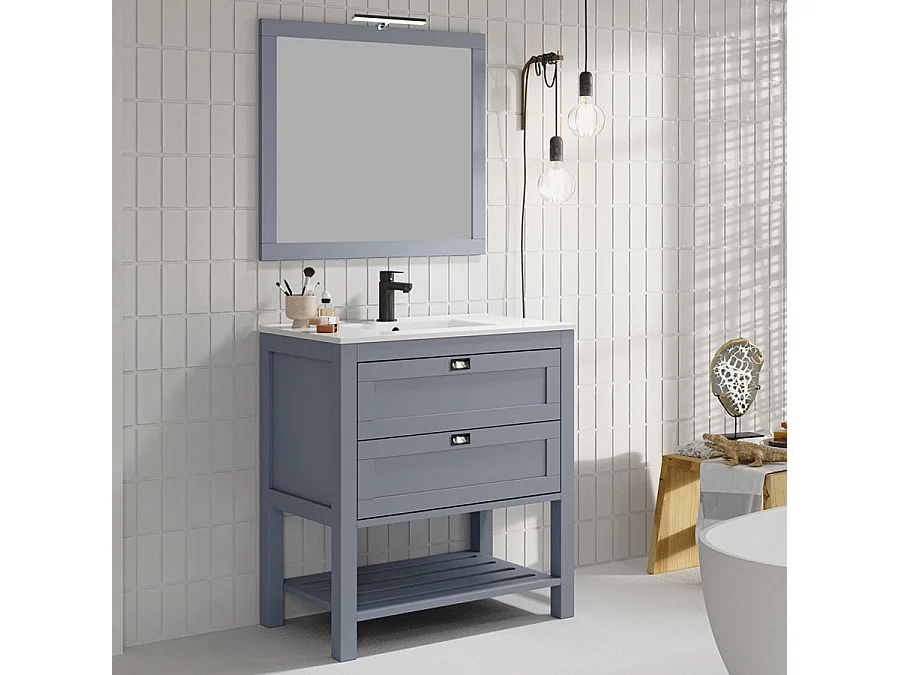 Meuble de salle de bain 80 cm simple vasque - pin massif - 2 tiroirs - PYLA - bleu