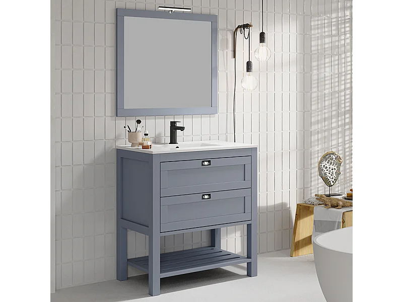 Meuble de salle de bain 80 cm simple vasque - pin massif - 2 tiroirs - PYLA - bleu