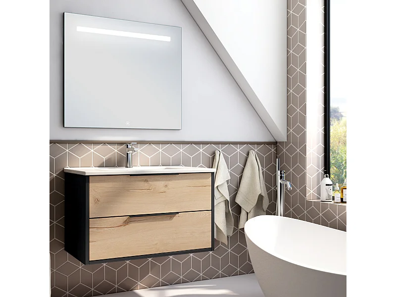 Meuble de salle de bain simple vasque - 2 tiroirs - ALBA et miroir STAM - noir-Chêne - 80cm