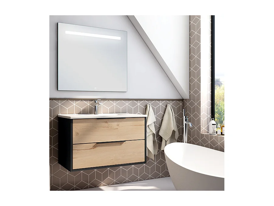 Meuble de salle de bain simple vasque - 2 tiroirs - ALBA et miroir STAM - noir-Chêne - 80cm