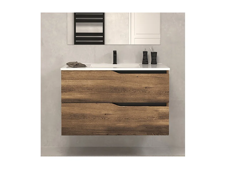 Meuble de salle de bain 70cm simple vasque - 2 tiroirs - tabaco (bois foncé) - LUNA
