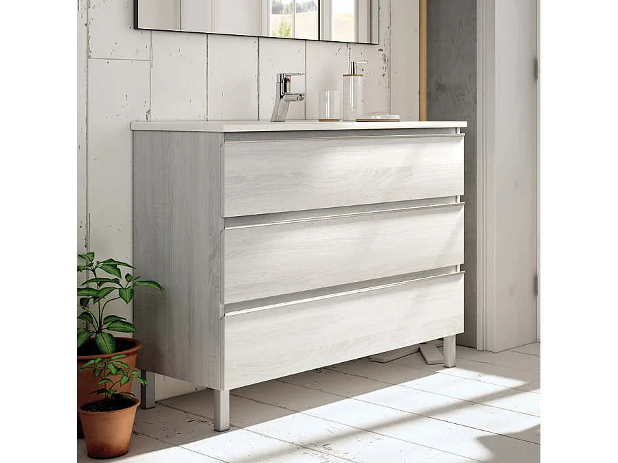 Meuble de salle de bain 100cm simple vasque - 3 tiroirs - sans miroir - PALMA - hibernian (bois blanchi)