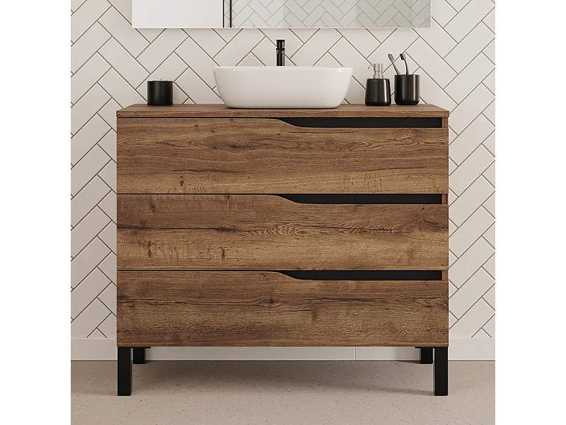 Meuble de salle de bain 100cm avec plateau et vasque à poser zeus - 3 tiroirs - sans miroir - tabaco (chêne foncé) - MATA