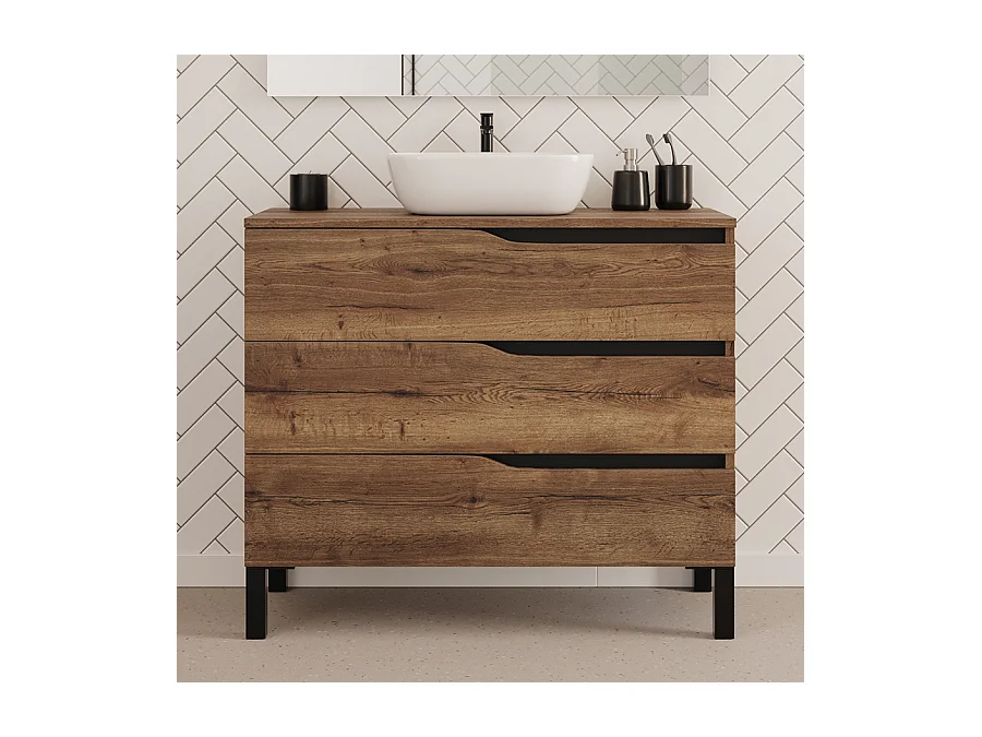 Meuble de salle de bain 100cm avec plateau et vasque à poser zeus - 3 tiroirs - sans miroir - tabaco (chêne foncé) - MATA