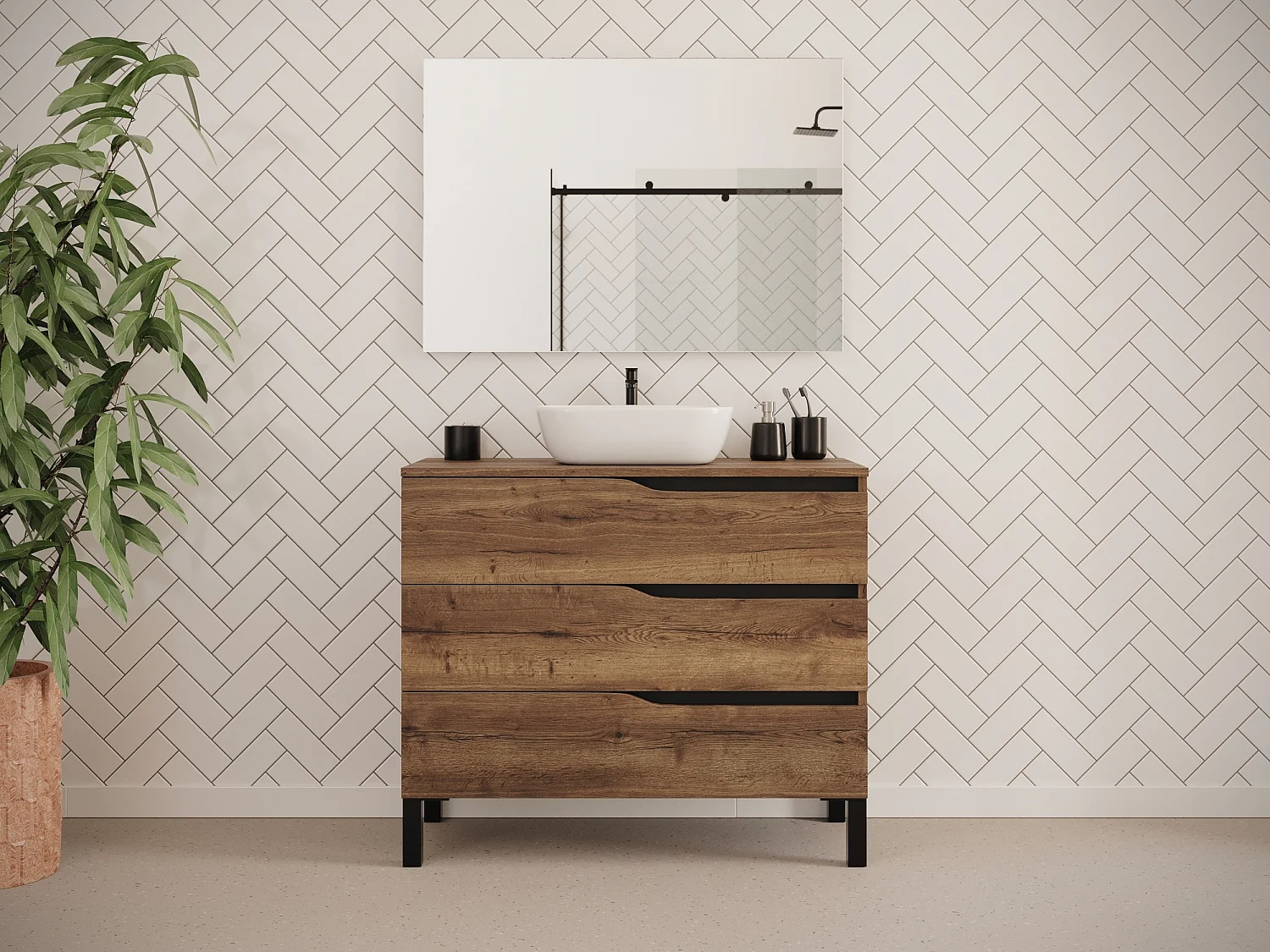 Meuble de salle de bain 100cm avec plateau et vasque à poser zeus - 3 tiroirs - sans miroir - tabaco (chêne foncé) - MATA