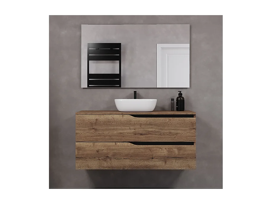 Meuble de salle de bain 120cm avec plateau et vasque à poser zeus - 2 tiroirs - tabaco (chêne foncé) - LUNA
