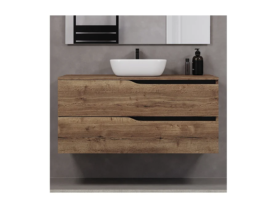 Meuble de salle de bain 120cm avec plateau et vasque à poser zeus - 2 tiroirs - tabaco (chêne foncé) - LUNA