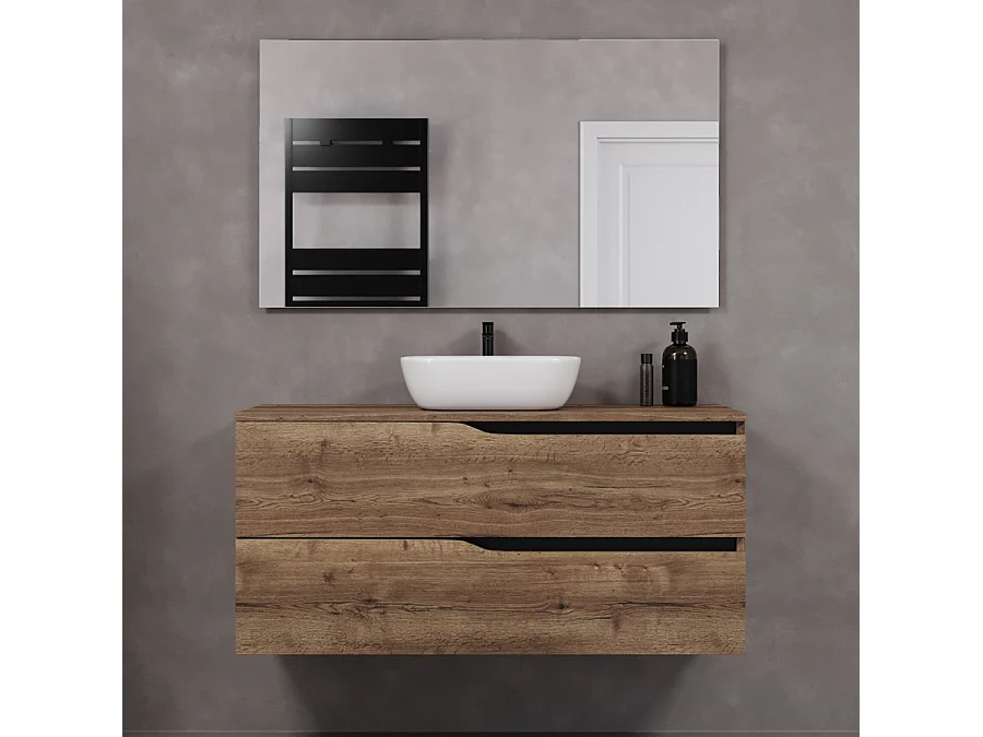 Meuble de salle de bain 120cm avec plateau et vasque à poser zeus - 2 tiroirs - tabaco (chêne foncé) - LUNA
