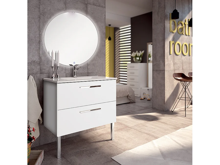 Meuble de salle de bain simple vasque - 2 tiroirs - CINTO et miroir rond led SOLEN - blanc - 80cm