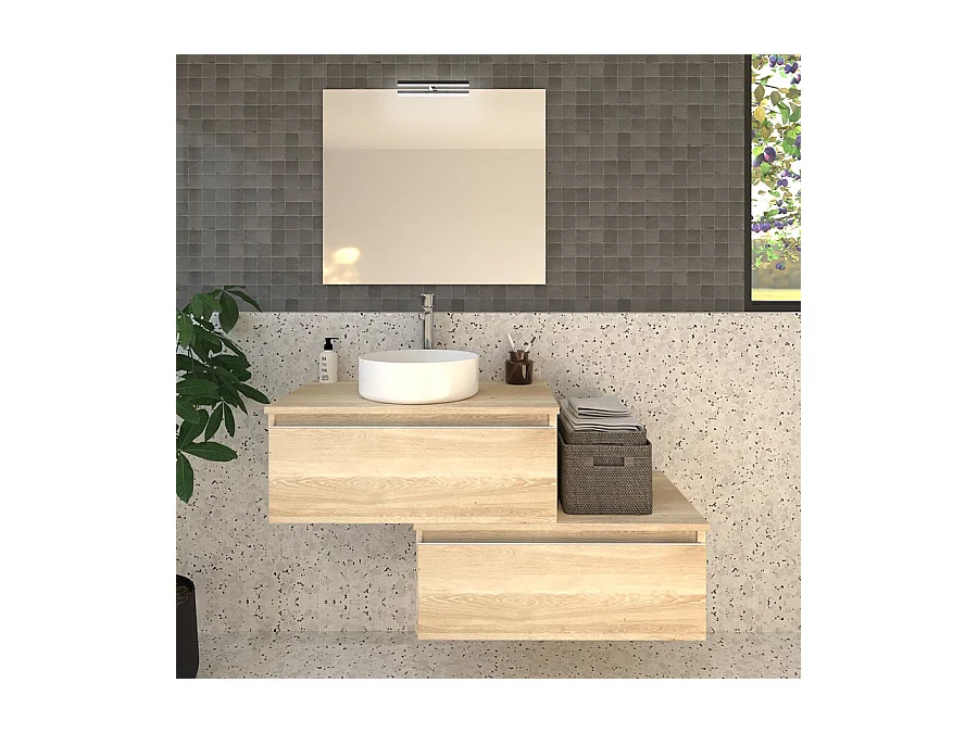 Meuble de salle de bain 2 tiroirs avec vasque à poser ronde PENA et miroir avec applique - Bambou (chêne clair) - 120cm