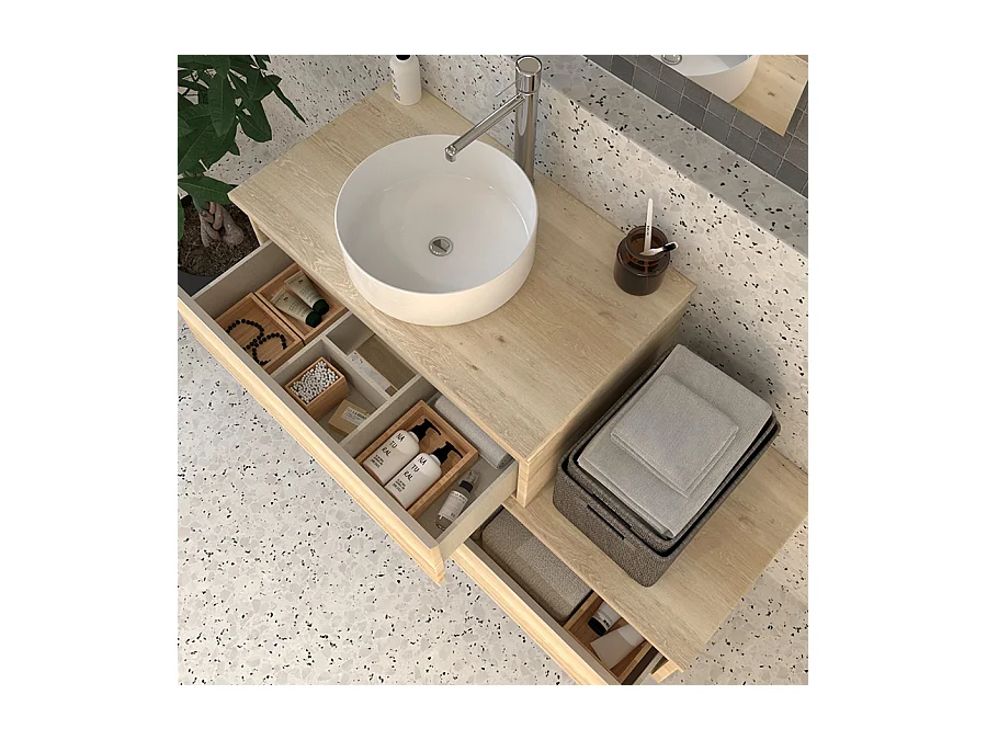 Meuble de salle de bain 2 tiroirs avec vasque à poser ronde PENA et miroir avec applique - Bambou (chêne clair) - 120cm