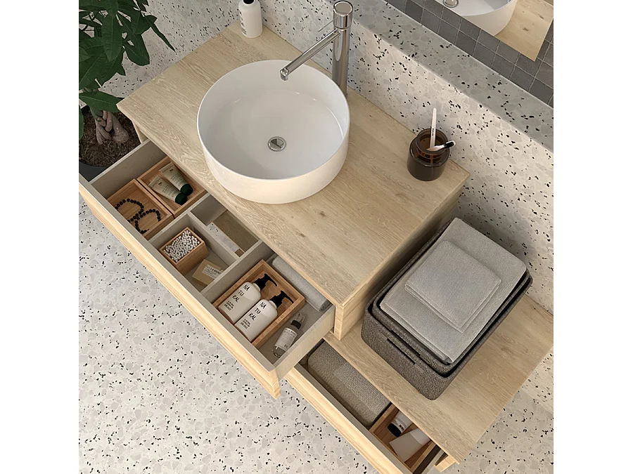 Meuble de salle de bain 2 tiroirs avec vasque à poser ronde PENA et miroir avec applique - Bambou (chêne clair) - 120cm