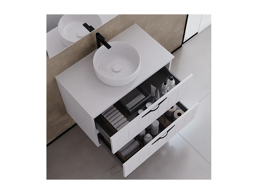 Meuble de salle de bain 70cm avec plateau et vasque à poser ronde - 2 tiroirs - sans miroir - blanc - PIA