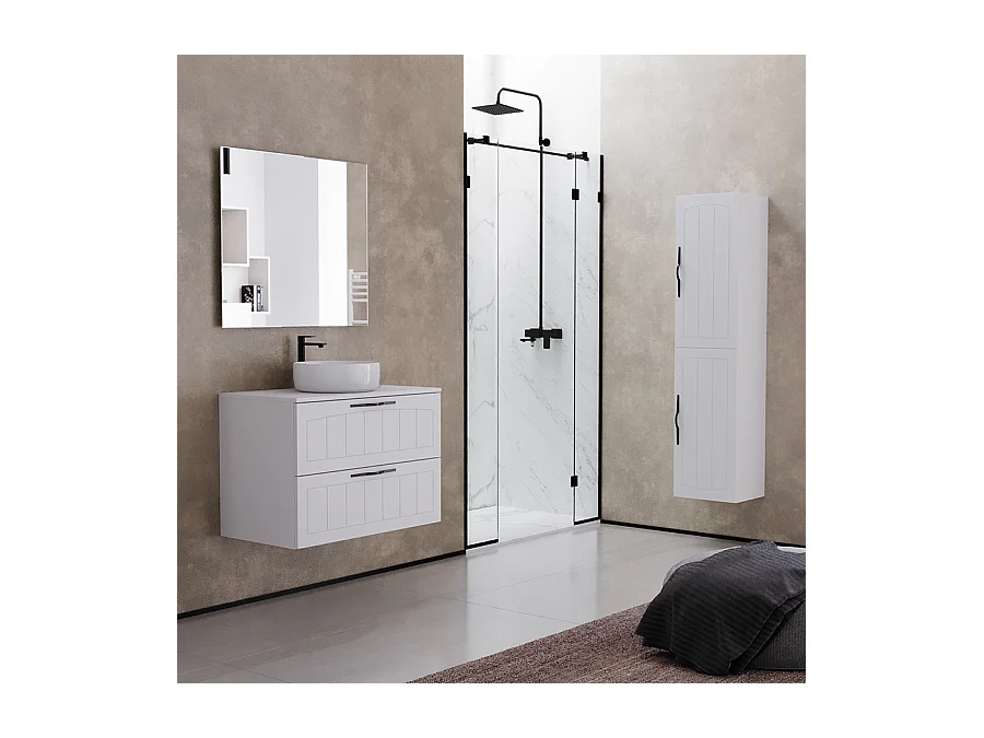 Meuble de salle de bain 70cm avec plateau et vasque à poser ronde - 2 tiroirs - sans miroir - blanc - PIA